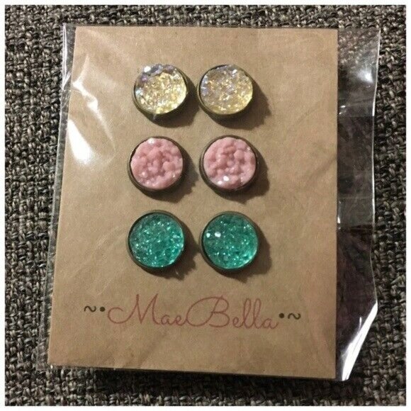 Druzy Earrings 3 Pairs Sparkly Round Stud Pink Teal Gold tone  Minimalist - Picture 2 of 5